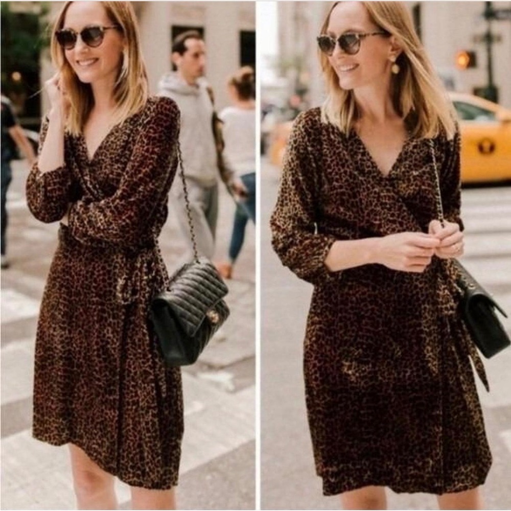 J.Crew Wrap Dress Womens 6 Brown Leopard Velvet Mob Wife Indie Sleaze Animal
